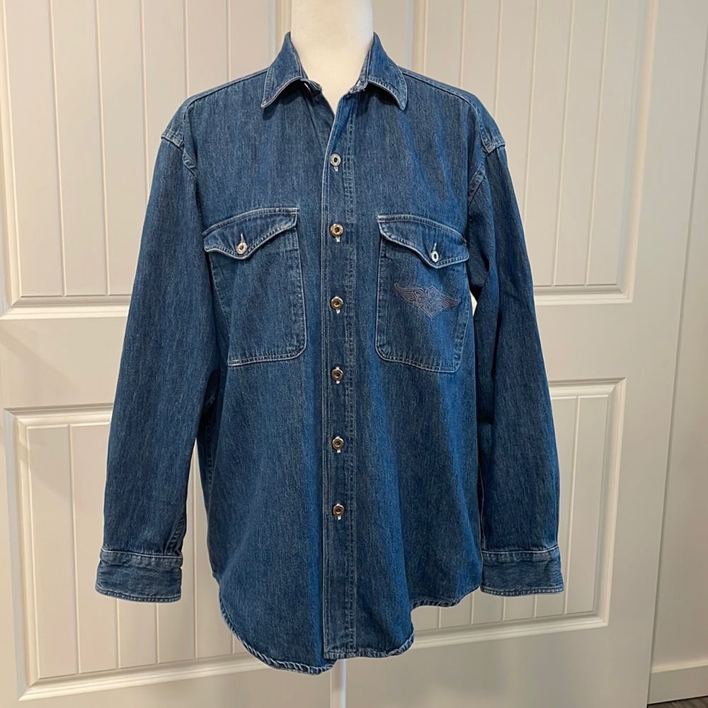 Harley Davidson Logo Embroidered Denim Jean Long Sleeve Button Down Shirt